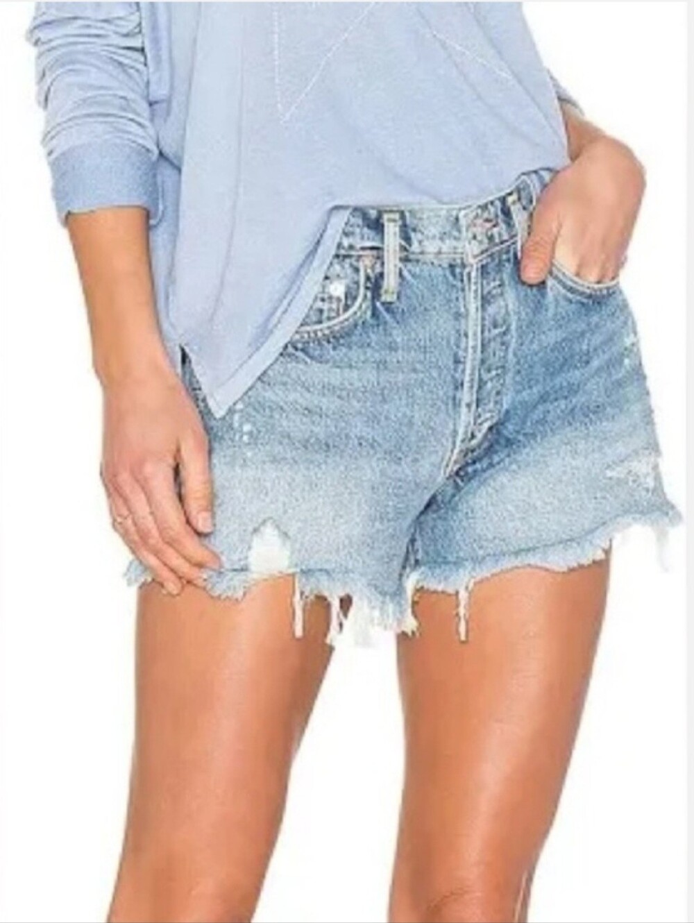 Agolde Parker Light Blue Wash Vintage Cut Off Distressed Jeans Shorts Womens 32